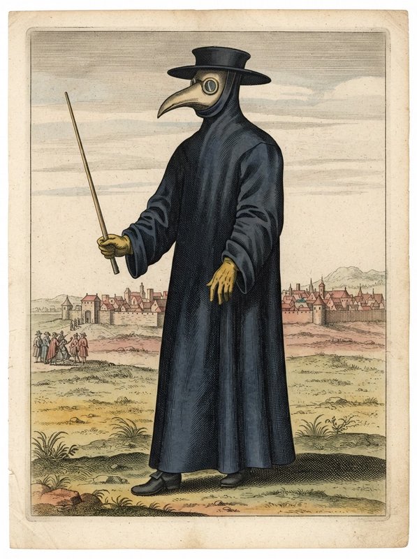Antique hand-colored illustration of a beaked plague doctor standing outside a walled medieval town