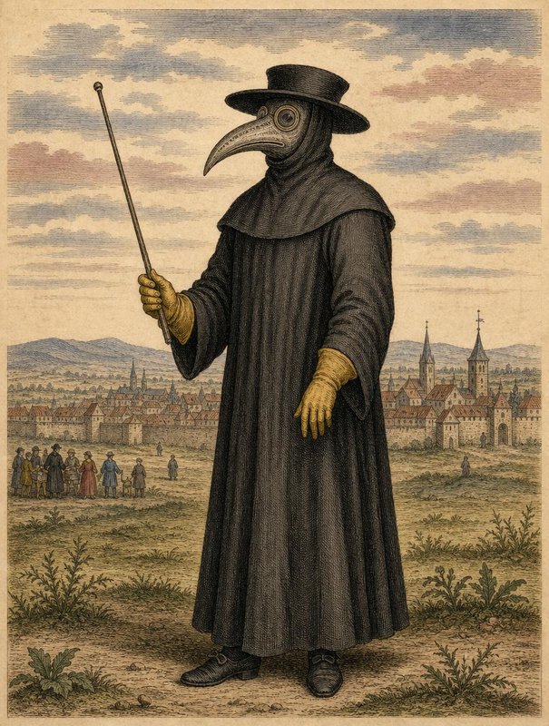 Plague doctor in traditional beaked mask stands outside a medieval walled European town