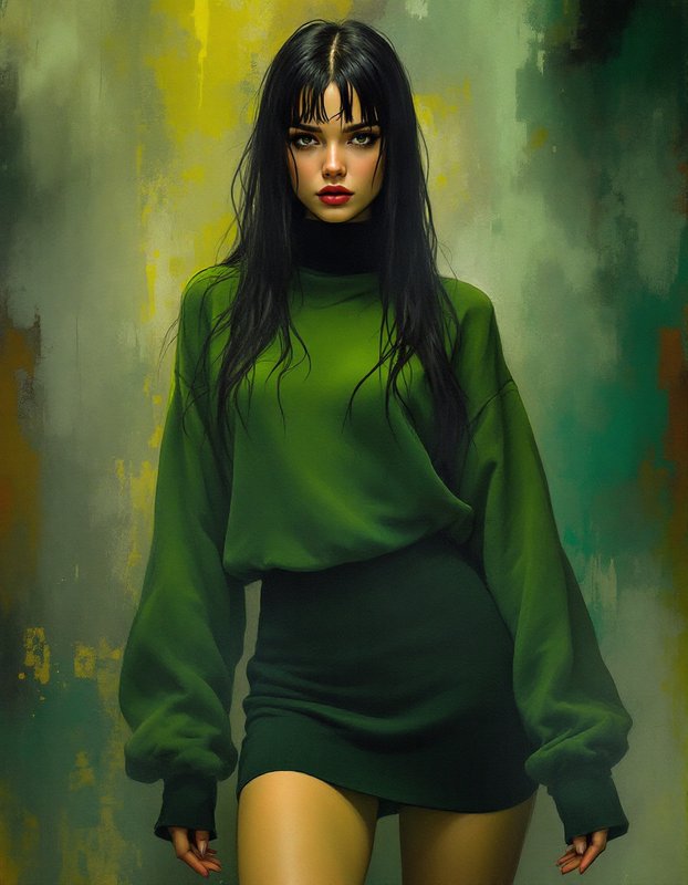 Young woman with long black hair and bold red lipstick stands in an all-green outfit against a textured abstract painted