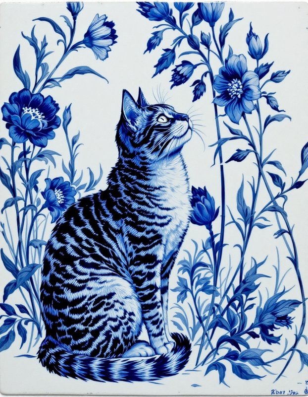 Seated striped tabby cat gazing upward surrounded by blue flowers in delft tile style