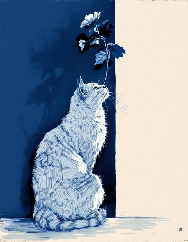 Fluffy long-haired cat sits upright sniffing a delicate flower stem against a split two-tone background