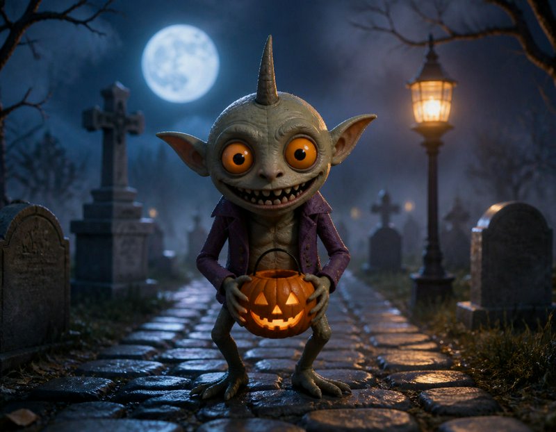 Grinning horned goblin holds a lit jack-o-lantern while standing on a foggy graveyard path under a bright full moon