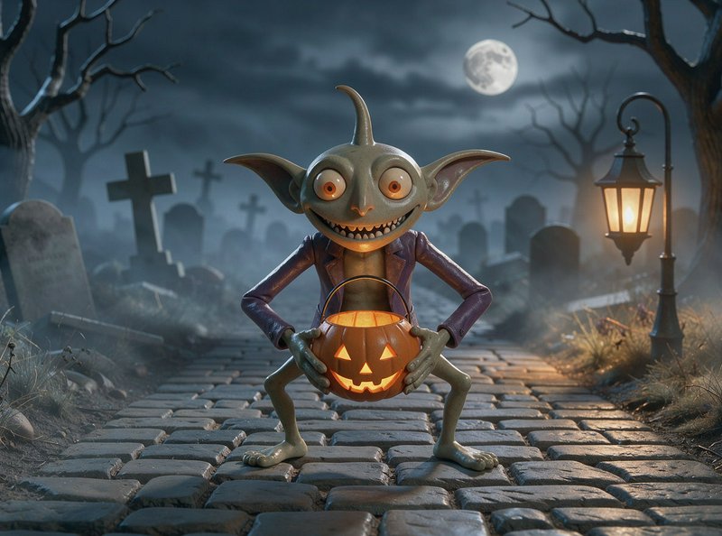 Grinning cartoon goblin holds a glowing jack-o'-lantern bucket on a misty moonlit graveyard path