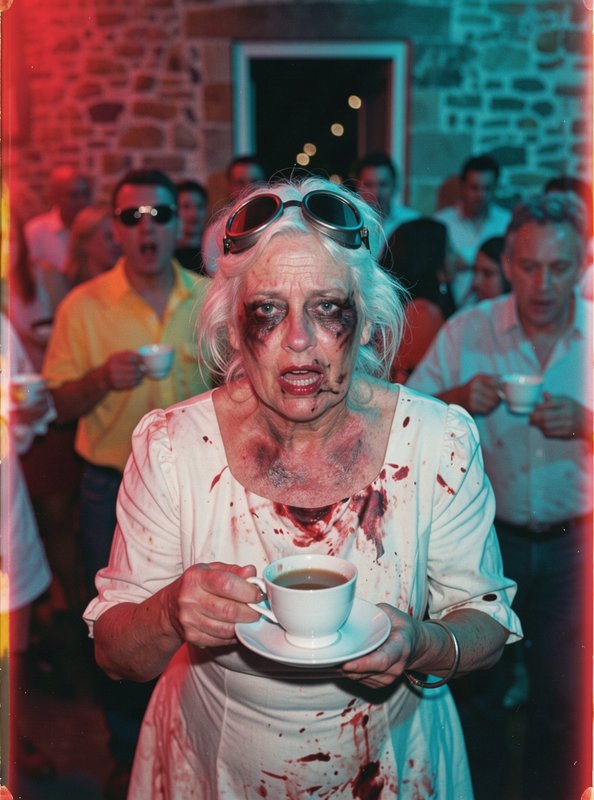 Older woman in zombie costume holds a teacup at a neon lit crowded costume party