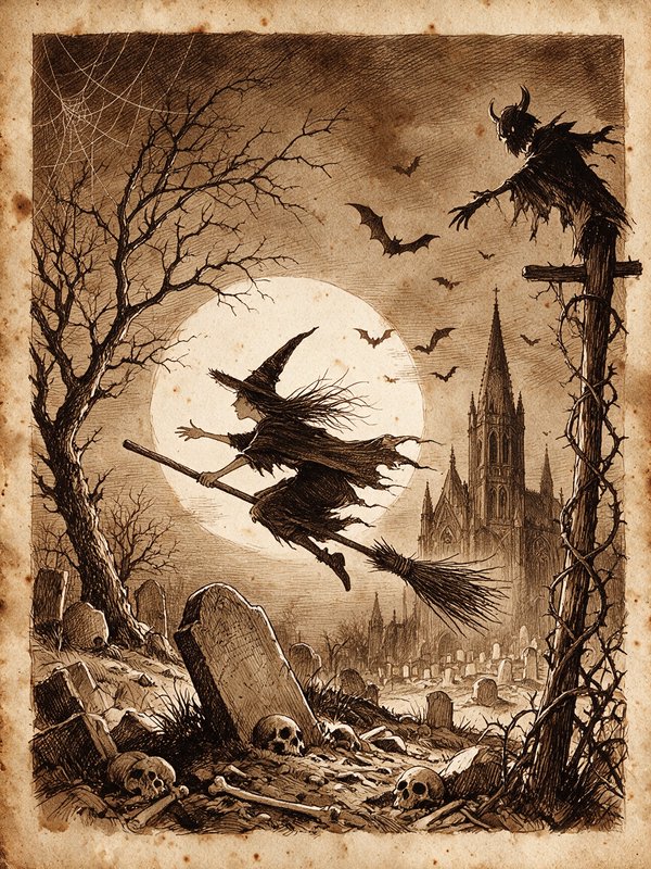 Vintage ink illustration of a witch flying on a broom over a spooky graveyard under a full moon