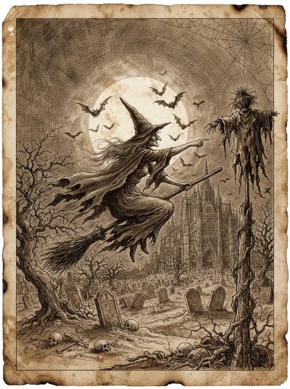 Old Halloween witch flying on a broom over a graveyard, pointing at a tattered scarecrow under a glowing full moon