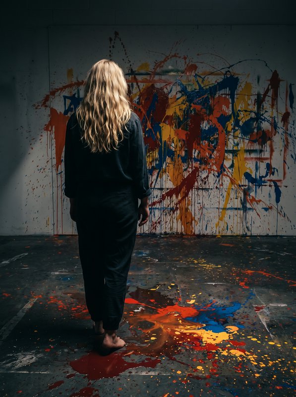 Back view of a barefoot blonde artist standing before a vibrant abstract paint splatter mural in a studio