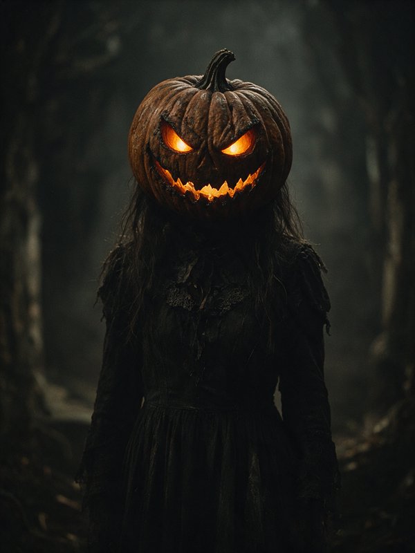 Menacing glowing jack-o'-lantern headed figure standing in a dark misty forest