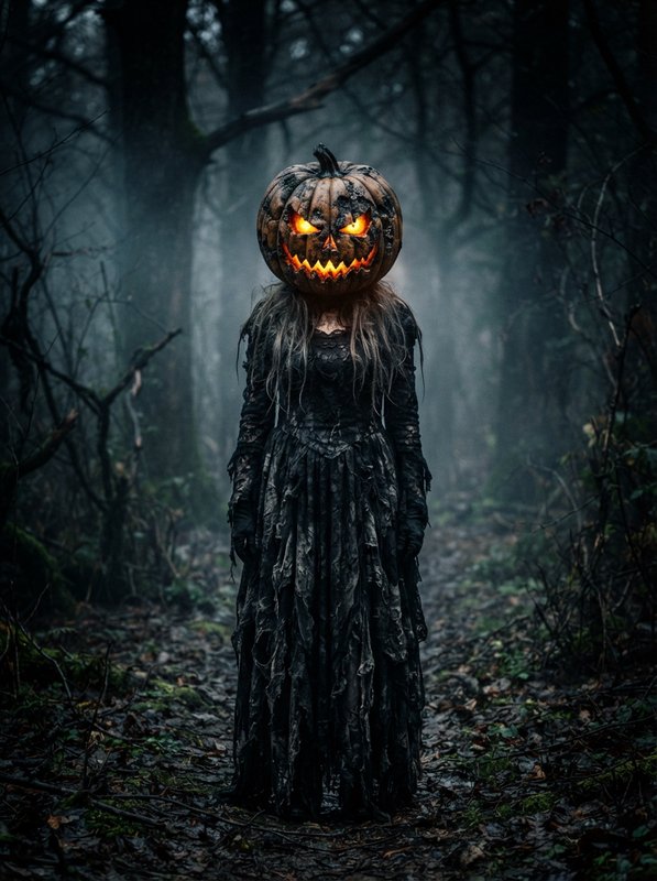 Glowing jack-o'-lantern headed ghost standing in a misty haunted dark forest