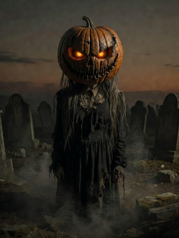 Menacing jack-o'-lantern headed supernatural figure stands in a foggy graveyard at dusk