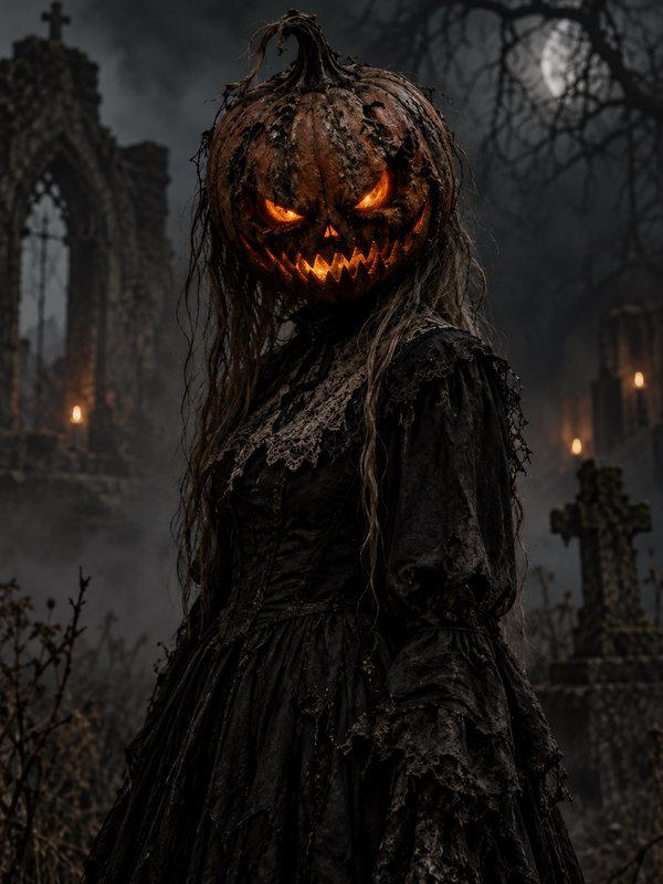 Menacing pumpkin-headed ghost with glowing jack-o-lantern face stands in a foggy moonlit graveyard