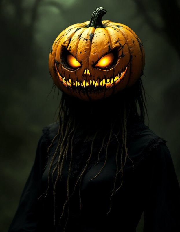 Menacing humanoid figure with a glowing evil jack-o'-lantern head stands in a misty dark forest