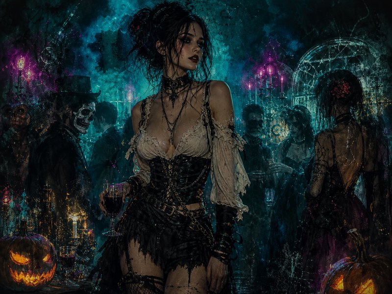 Gothic woman holding a wine glass stands at a dim haunted Halloween masquerade party with undead guests.