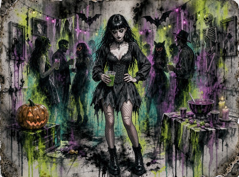 Goth woman in a tattered black dress holds a green drink at a spooky Halloween house party