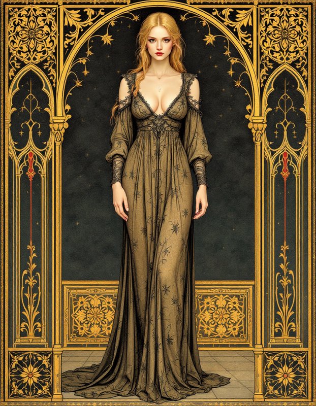 Elegant blonde woman in a sheer star embroidered gown framed by an ornate golden gothic arch