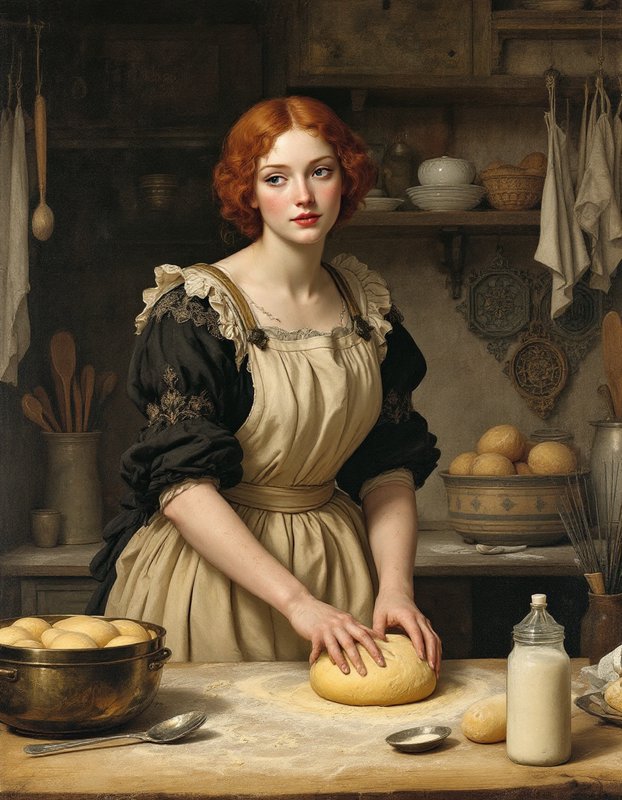 Red haired woman kneading bread dough at a floured worktable in a rustic historic kitchen