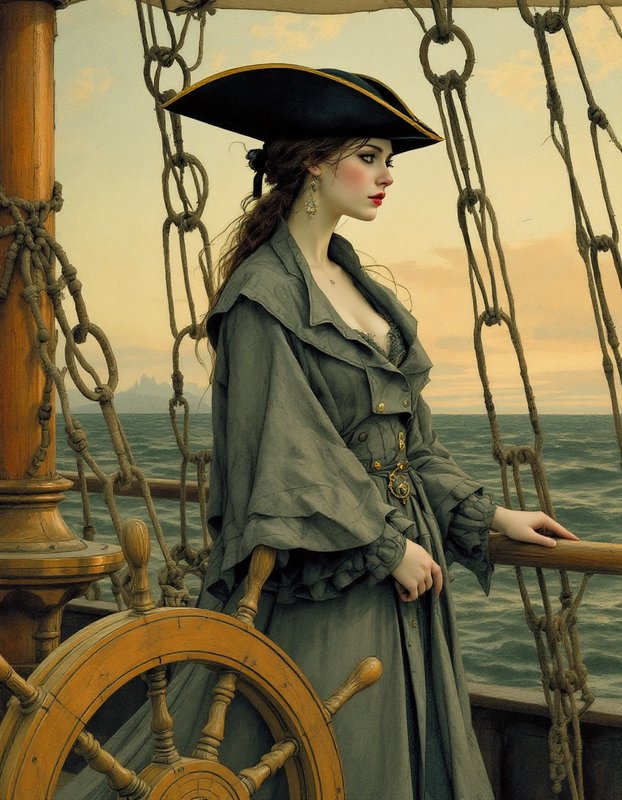 Female pirate captain in a tricorn hat stands at a tall ship's helm overlooking the ocean at sunset