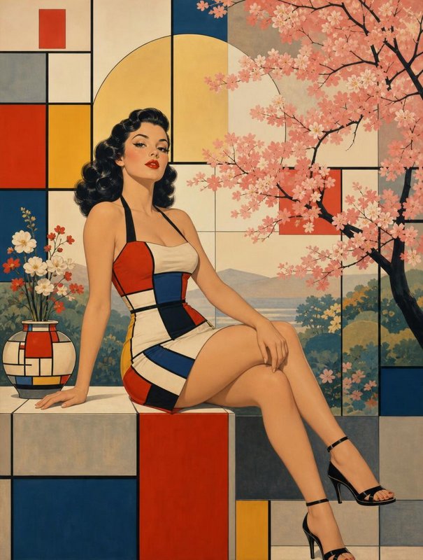 Retro pinup woman in a Mondrian color-block dress seated against geometric and cherry blossom decor