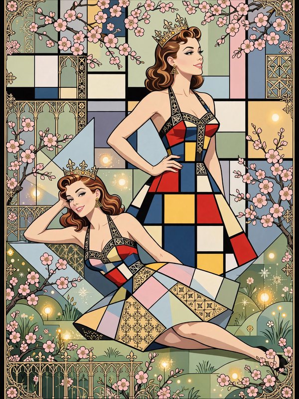 Two crowned women in geometric gowns pose against a stained glass cherry blossom backdrop