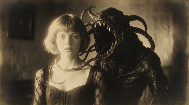 Sepia vintage portrait of a calm young woman with a fanged tentacled monster looming behind her