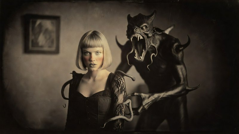 Stoic blonde woman stands unflinching as a fanged horned demon looms behind her in a vintage interior