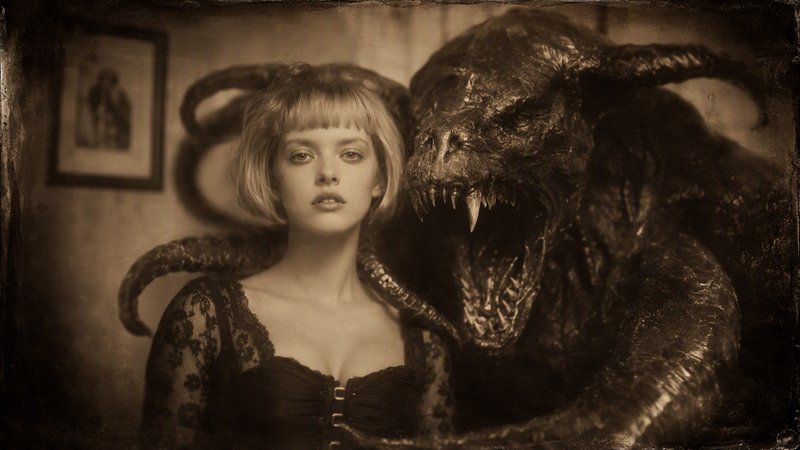 Calm young blonde woman posing beside a snarling horned demon in a vintage sepia portrait