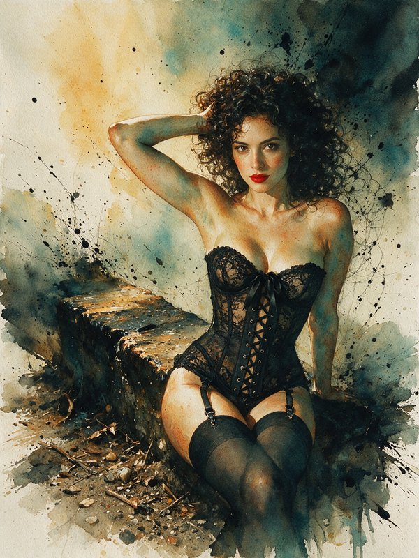 Watercolor portrait of a curly haired woman in a black lace corset posing against a weathered stone ledge