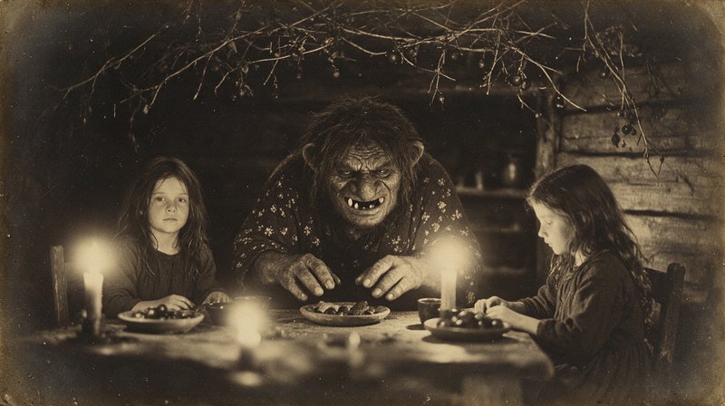 Menacing folkloric troll sits between two young girls at a candlelit log cabin dinner table