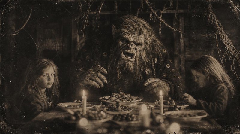 Vintage sepia photo of a fanged troll sharing a candlelit feast table with two young children in a dark cabin