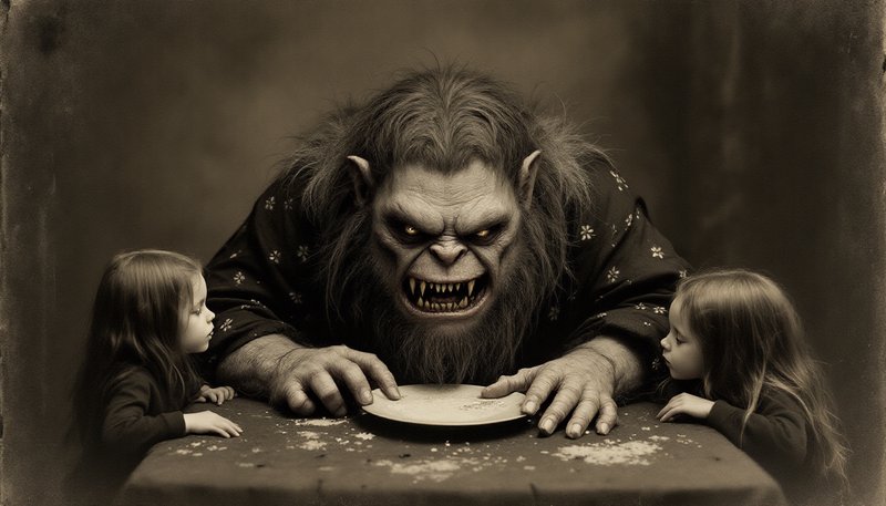 Menacing fanged troll sits between two young girls at a crumb-covered table in a vintage sepia portrait
