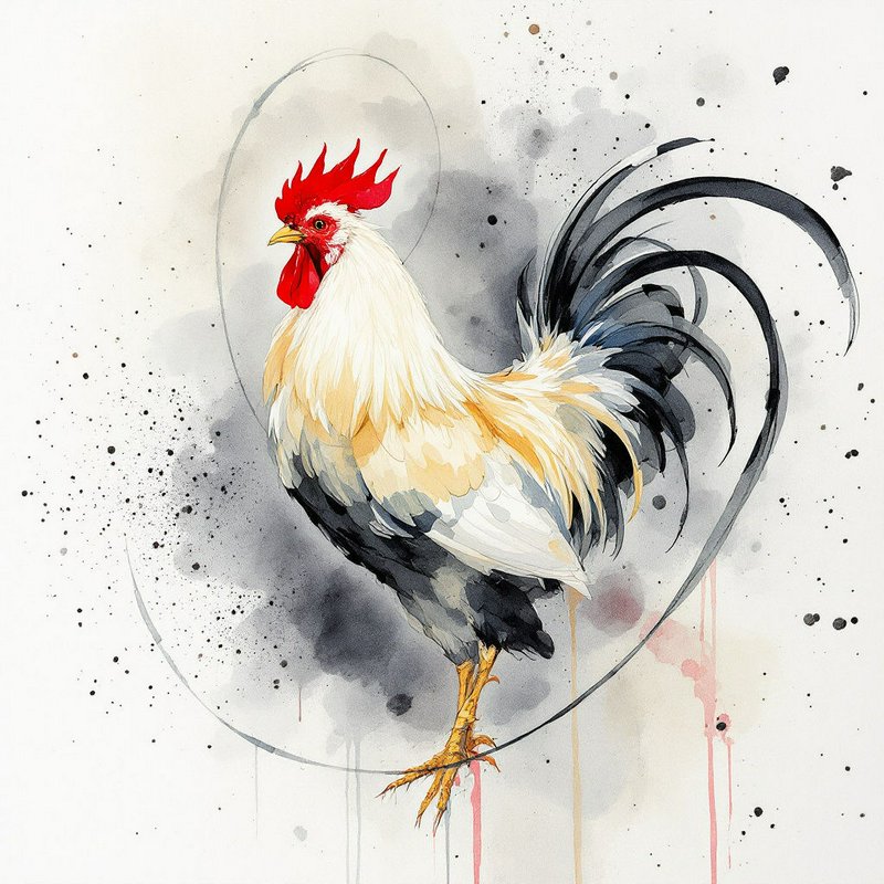 Watercolor illustration of a proud rooster with bright red comb and long curved black tail feathers