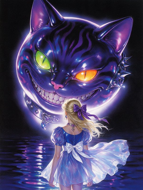 Girl in blue dress faces a giant grinning glowing Cheshire cat hovering over rippling dark water