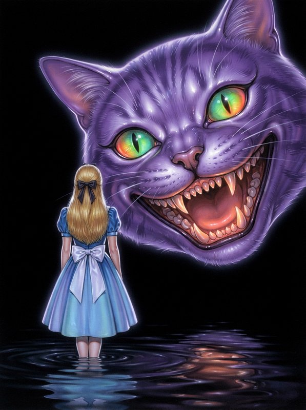Alice standing in dark rippling water facing a giant menacing purple Cheshire Cat with glowing iridescent eyes