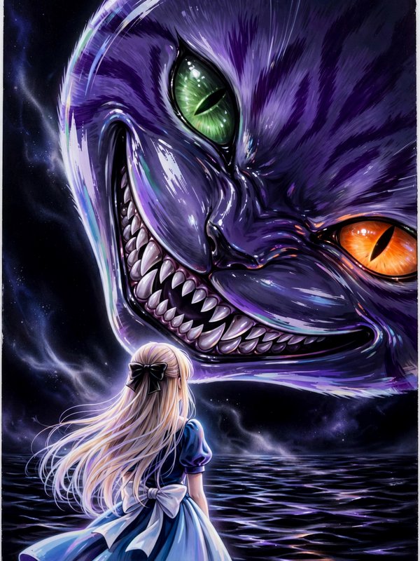 Blonde Alice in a blue dress stands facing a giant menacing grinning purple Cheshire Cat over dark cosmic water
