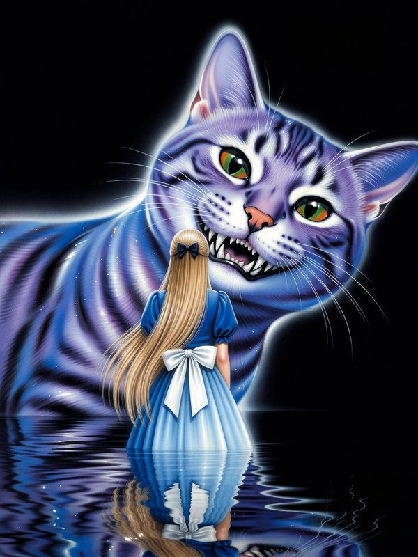 Alice stands in rippling shallow water facing a towering menacing glowing Cheshire Cat
