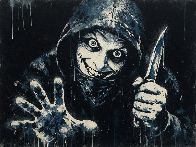 Manic grinning hooded horror figure holds a knife while reaching toward the viewer