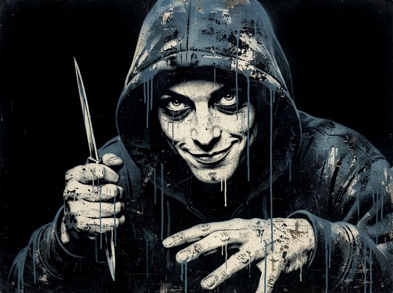 Menacing hooded figure with an unsettling grin holds a sharp knife against a dark black background