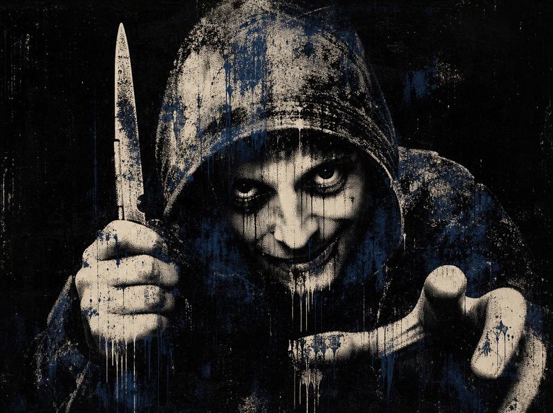 Menacing hooded grinning figure holds a knife and points directly at the viewer against a dark textured background