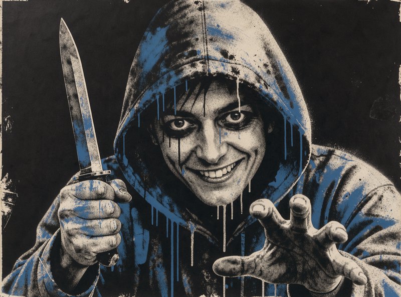 Menacing grinning hooded figure holds a knife and reaches toward the viewer with dripping paint detailing