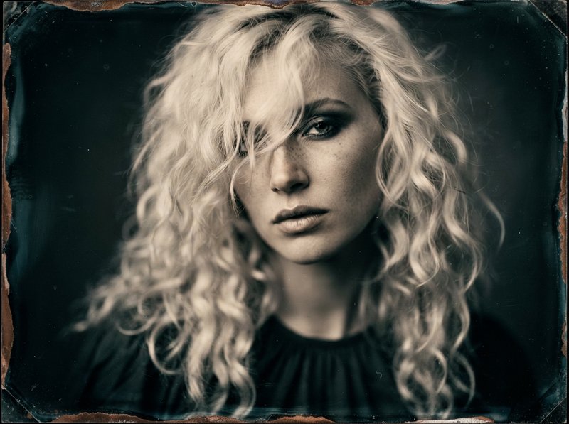 Aged tintype portrait of a woman with long curly platinum blonde hair looking toward the viewer