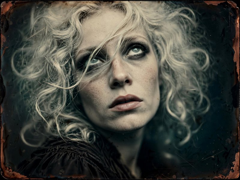 Weathered vintage tintype portrait of a curly blonde woman with smudged makeup gazing upward