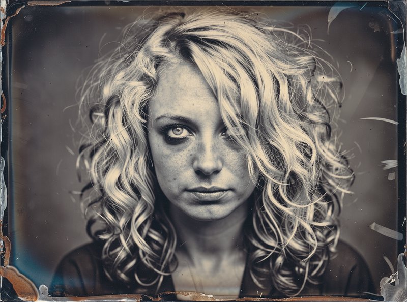 Vintage tintype portrait of a woman with curly blonde hair gazing directly at the viewer
