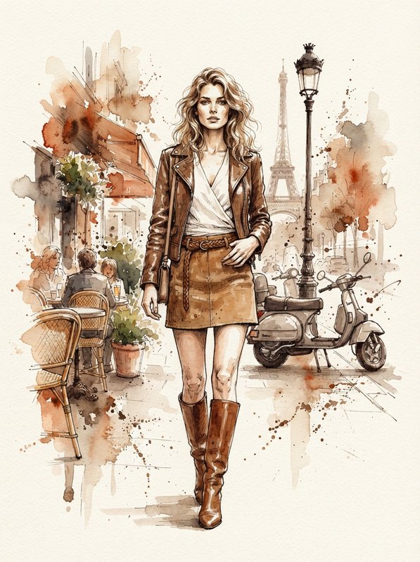 Stylish woman in a brown leather outfit walks along a Parisian sidewalk with the Eiffel Tower in the background