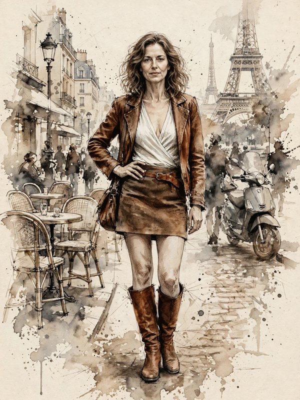 Elegant middle-aged woman stands on a Paris street, Eiffel Tower visible behind her in watercolor sketch style.