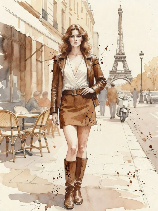 Watercolor illustration of a stylish woman standing on a Paris sidewalk with the Eiffel Tower in the background