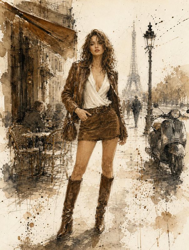 Stylish woman in a leather outfit stands on a rainy Paris sidewalk, Eiffel Tower visible in the background