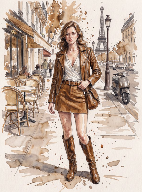 Stylish woman in a brown leather outfit stands on a Parisian street with the Eiffel Tower visible in the background.