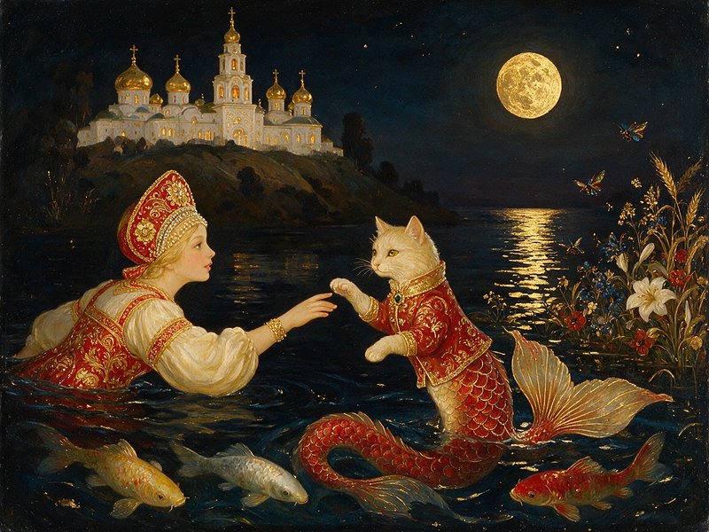 Woman in traditional Russian dress reaches for a mermaid cat in moonlit waters below a golden domed church