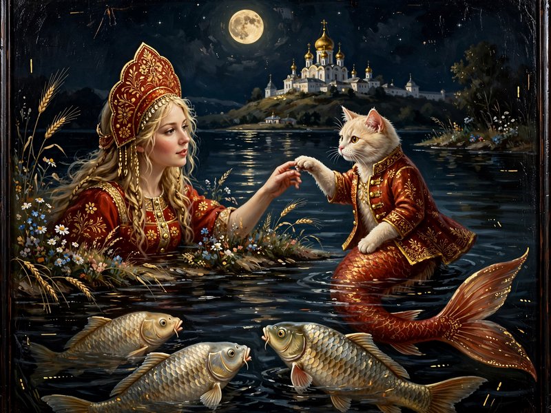 Slavic fairytale scene of a woman touching an ornate mermaid cat in a moonlit river with golden carp