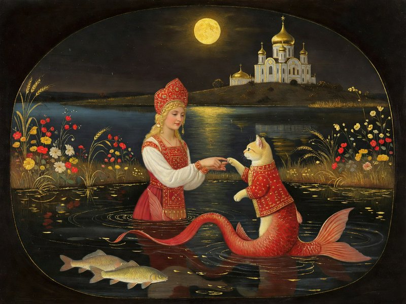 Slavic folk art painting of a mermaid maiden touching paws with a cat mermaid in a moonlit night lake scene